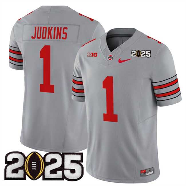 Men%27s Ohio State Buckeyes #1 Quinshon Judkins Grey 2025 CFP Final Patch F.U.S.E. Vapor Limited Stitched Football Jersey